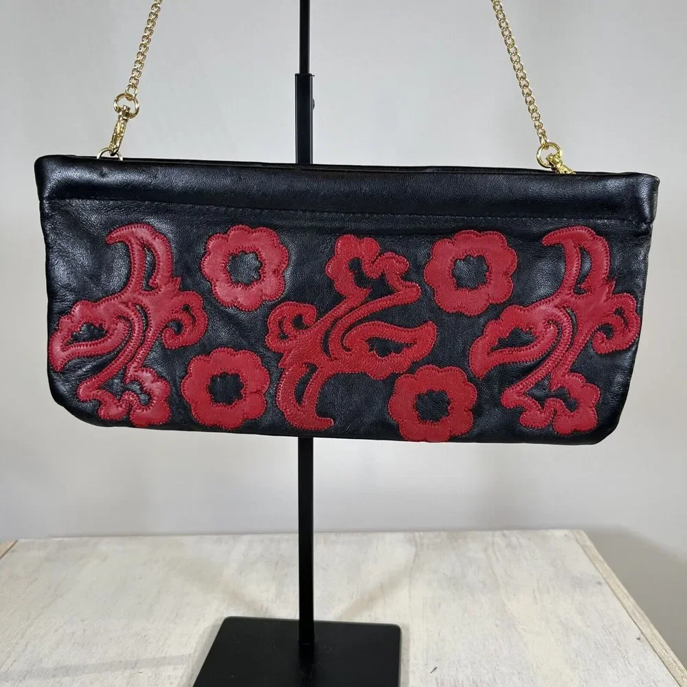 Great American Leatherworks Hinged Chain Strap Clutch Purse Red Boho Western